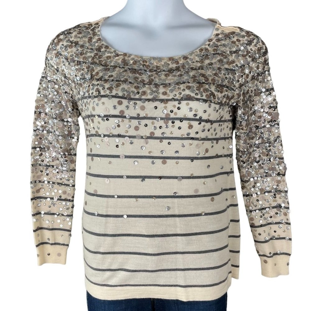 J. Crew Sequin Striped Sweater in Cream and Silver